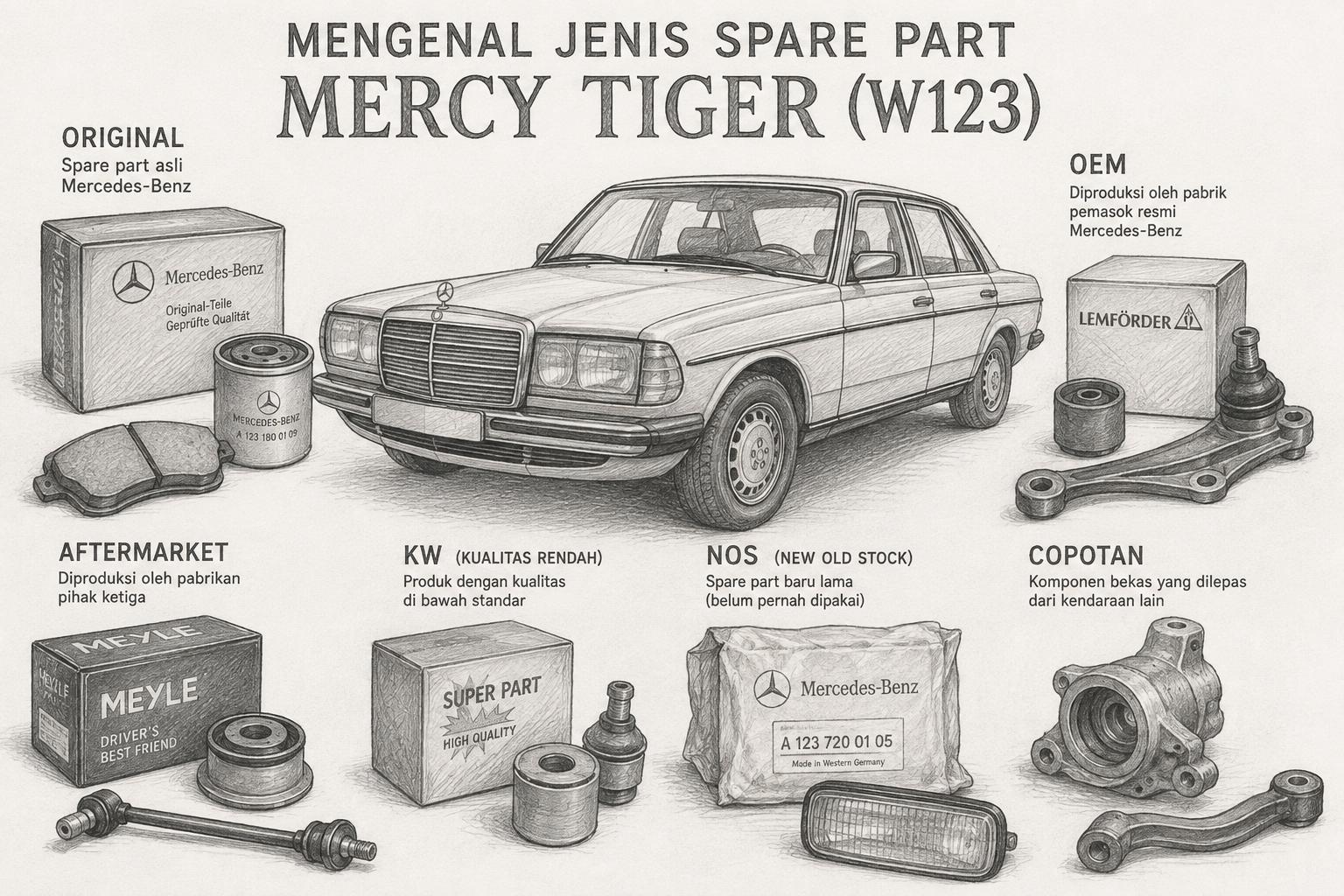 Ilustrasi Jenis Spare Part Mercedes-Benz W123
